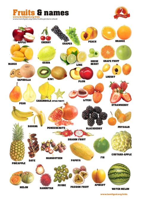 Fruits And Names Picture Sheet