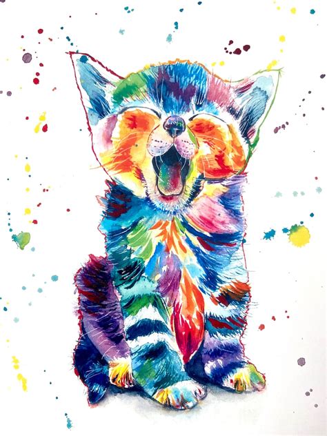 Cat Pop Art Watercolor Print Colorful Happy Cat Painting Etsy