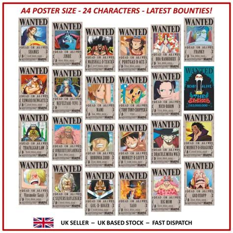 ONE PIECE WANTED Posters Straw Hats A4 Luffy Zoro Nami Jinbe Shanks