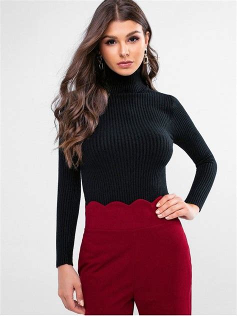 35 Off 2020 Ribbed Turtleneck Slim Knitted Sweater In Black Zaful