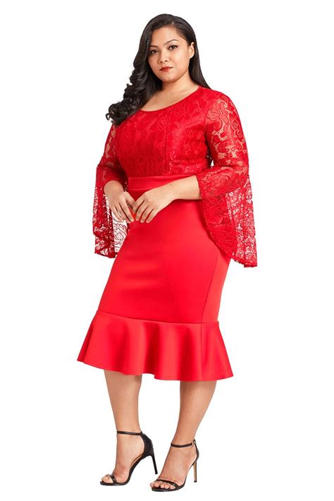 Red Plus Size Lace Bell Sleeve Mermaid Bodycon Dress Trendy Plus Size Dresses Red Lace