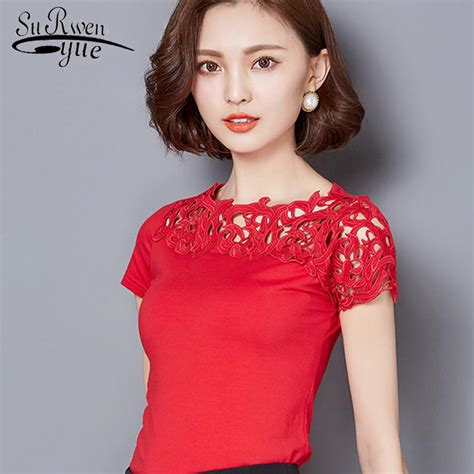 Surwenyue Blouse Fashion Cotton Shirt Short Sleeve Hollow Red Women S Clothing Plus Size Ladies