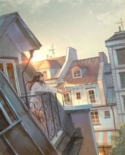 Girl Looking At The City From A Balcony Illustration Painting Anime