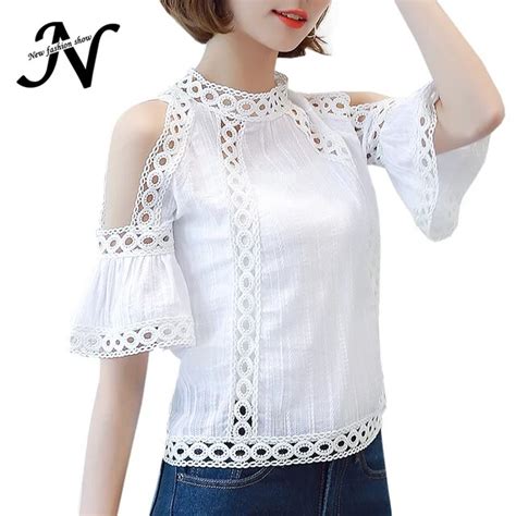 cold shoulder lace blouse white fashion 2018 hollow out summer tops korean flare sleeve
