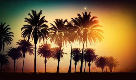 A Group Of Palm Trees In Front Of A Sunset Sky Stock Illustration