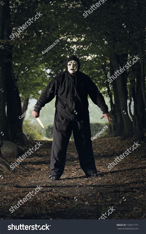 Creepy Masked Killer Knife Woods Halloween Stock Photo 153911771