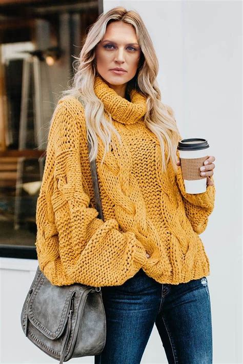 Pophers Yellow Cuddle Weather Cable Knit Handmade Turtleneck Sweater