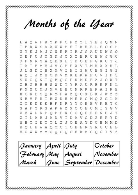 Months Of The Year Wordsearch