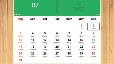 Kalender Jawa Hari Ini Bulan Juli 2022 Tanggal 7 Kamis Wage
