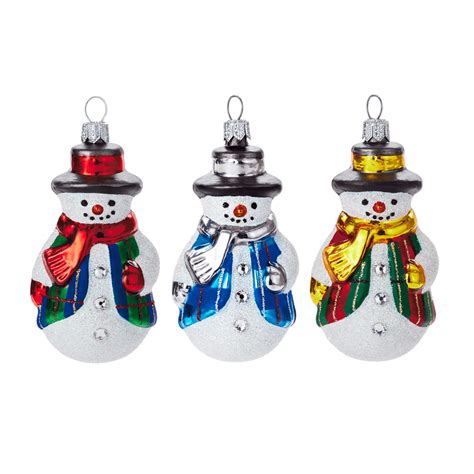 Festive Snowmen Blown Glass Ornaments, Set of 3 | Glass ornaments, Glass christmas ornaments ...
