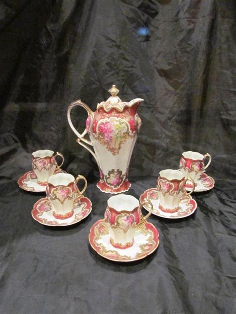 Antique Nippon Chocolate Pot Set With Gold Accents And Pink Flowers