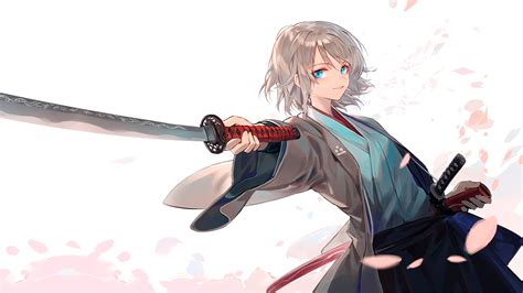 Anime Manga Anime Girls White Background Samurai Katana Kimono