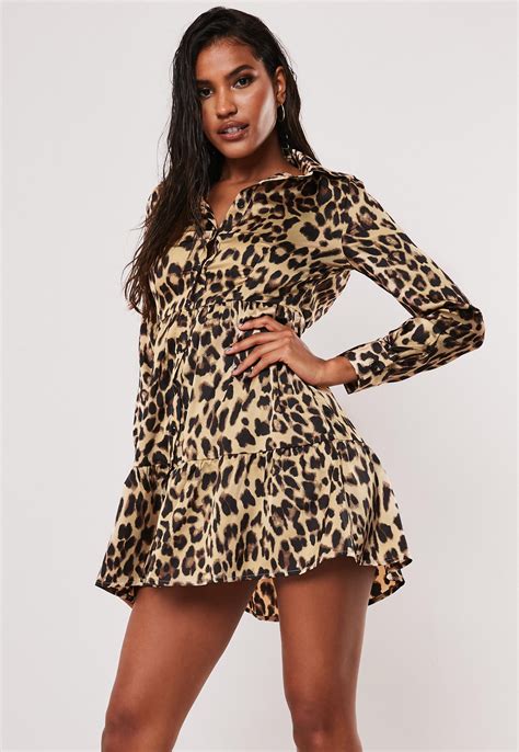 Brown Leopard Print Satin Button Front Smock Dress Missguided Ireland