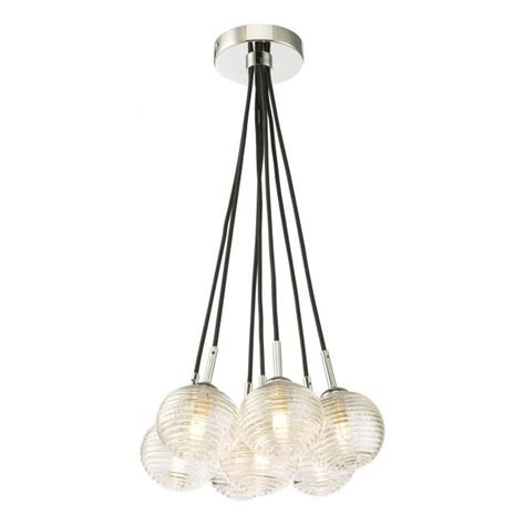 7 Light Cluster Pendant In Chrome Ribbed Glass Globe Shades Lighting