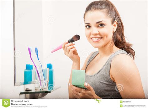 Cute Girl Putting Blush On Her Face Stock Image Image Of