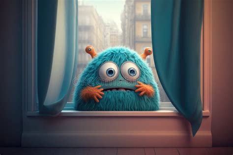 Cute Funny Monster Sitting On Window Sill Peeking Out At The World