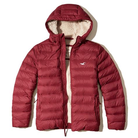 hollister synthetic sherpa lined down puffer jacket in red for men lyst