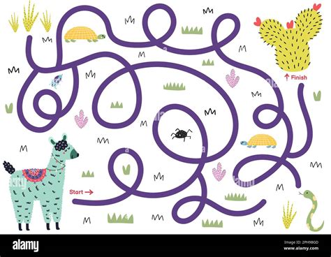 Maze Puzzle For Kids Help Cute Llama Find Way To Cactus Activity Page
