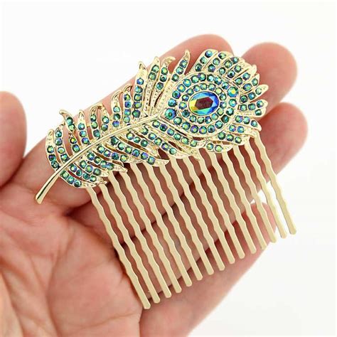 teal blue peacock feather hair comb gold wedding bridal etsy