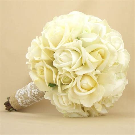 Rustic Bridal Bouquet Burlap Lace Roses Real Touch Silk Wedding Flowers