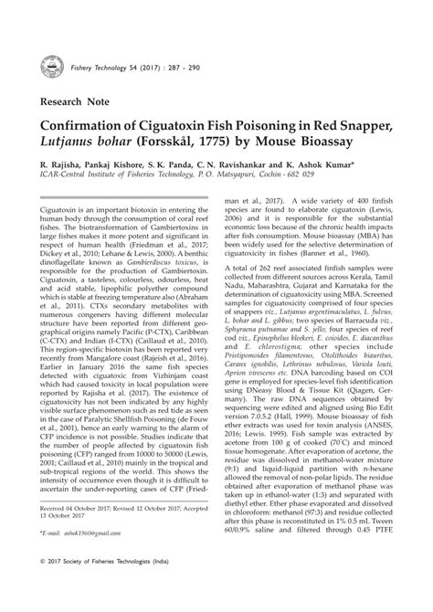 Pdf Confirmation Of Ciguatoxin Fish Poisoning In Red Snapper