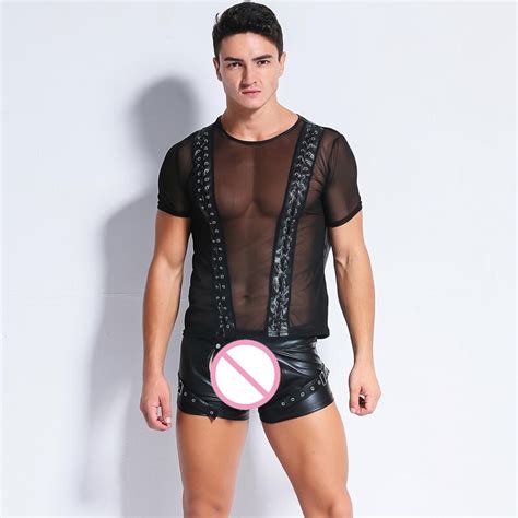 Sexy Men Gothic Mesh Pu Faux Leather Patchwork T Shirts Bandage Cool