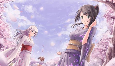 Wallpaper Girl Kimono Sakura Petals Anime Art Hd Widescreen