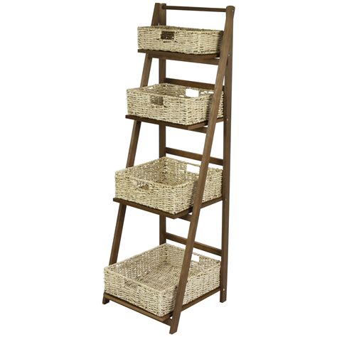 Hartleys Modern 4 Tier Brown Ladder Shelf Unitrack And Natural Basket