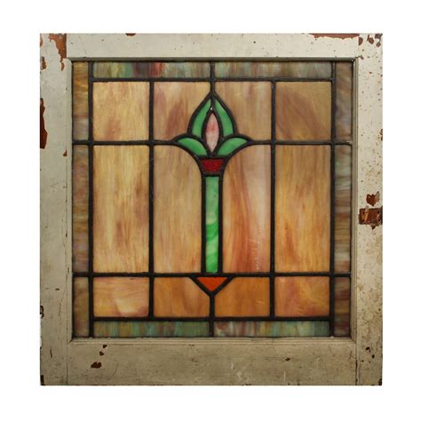 Antique American Stained Glass Window With Flower Early 1900s