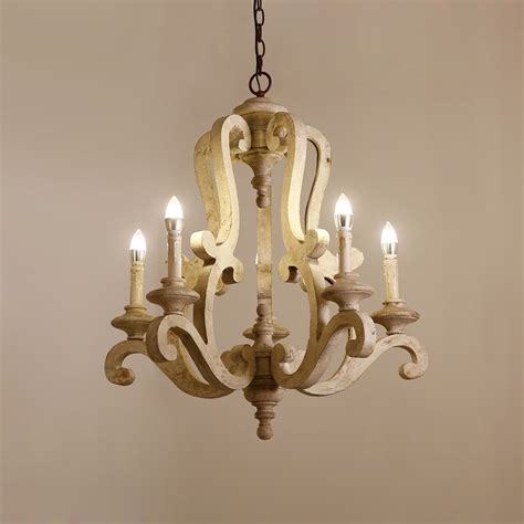 Cottage Style Distressed White Wood 5 Light Candelabra Chandelier With