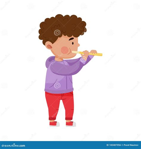 Dark Haired Little Boy Playing Flute Vector Illustration Stock Vector