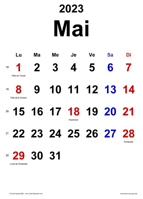 Calendrier Mai 2023 Excel Word Et Pdf Calendarpedia