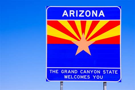 Arizona State Welcome Sign On Highway Blue Sky Stock Photo Download