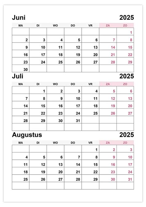 Kalender Juni Juli Augustus 2025
