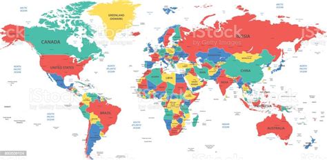 Detailed World Map With Borders Countries And Cities Stock Illustration