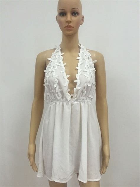 Fashion 2017 Summer Dresses Women White Lace Sexy Low Cut Halter Strap