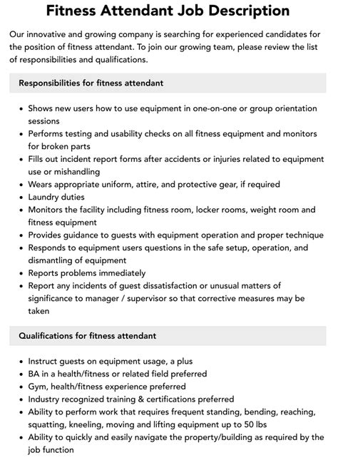 Fitness Attendant Job Description Velvet Jobs