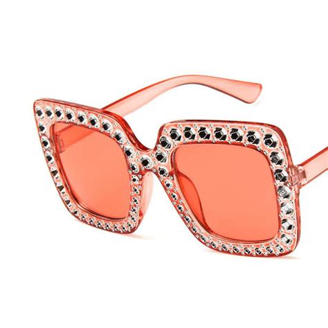 women fashion large square frame bling rhinestone sunglasses pink frame pink lens