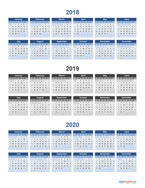 Printable Calendar 2018 2019 And 2020 3 Year Calendar Stacked Design
