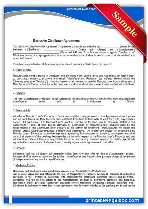 printable distributor agreement exclusive form generic