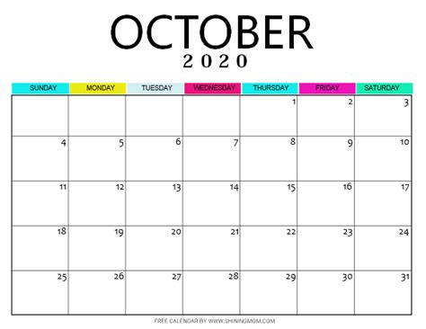 Free Printable October 2020 Calendar 12 Awesome Designs