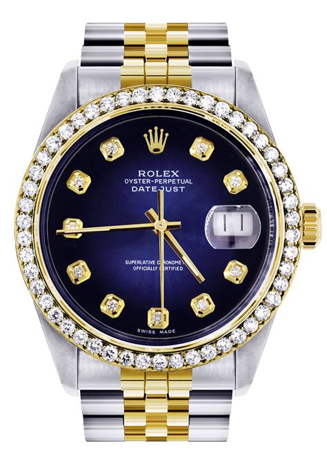 Diamond Gold Rolex Watch For Men 16233 36mm Blue Dial Jubilee Ba