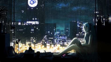 Hatsune Miku City Music Rain Anime Anime Girl Night Wallpaper
