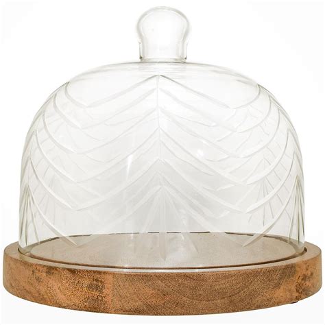 Etched Glass Food Dome With Wood Base