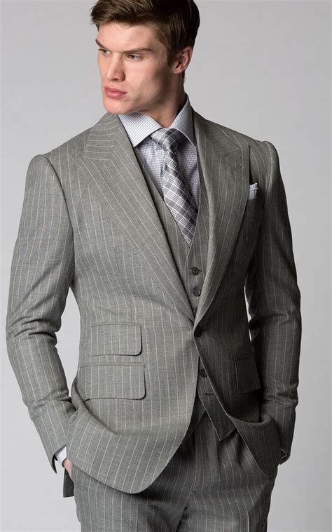 Custom Bespoke Light Grey Pinstripe 3 Piece Summer Suit With Peak
