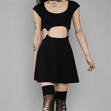Rosetic Gothic Mini Dress Women A Line Hollow Sexy Club Pentagram Backless Goth Causal Black