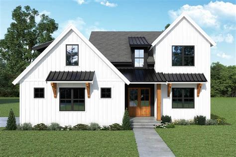 Bed Modern Farmhouse Plan With Home Office And Two Story Great Room