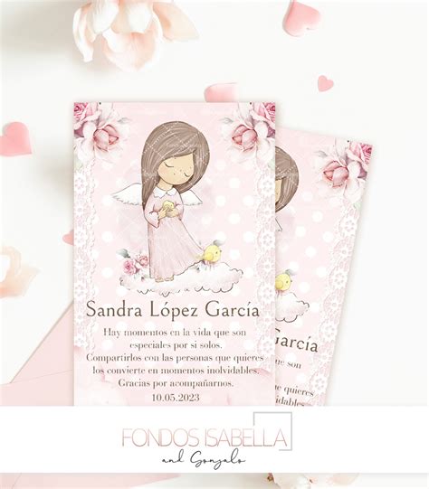 tarjeta de agradecimiento de primera comunión niña angelita rosa pajarito