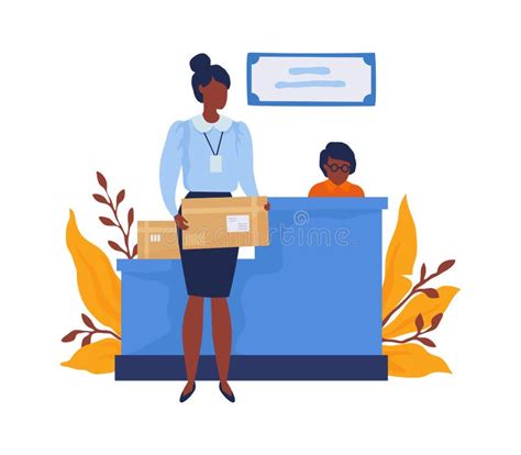 Woman Gets Parcel In Postal Office Cartoon Female Sends Mail Postman