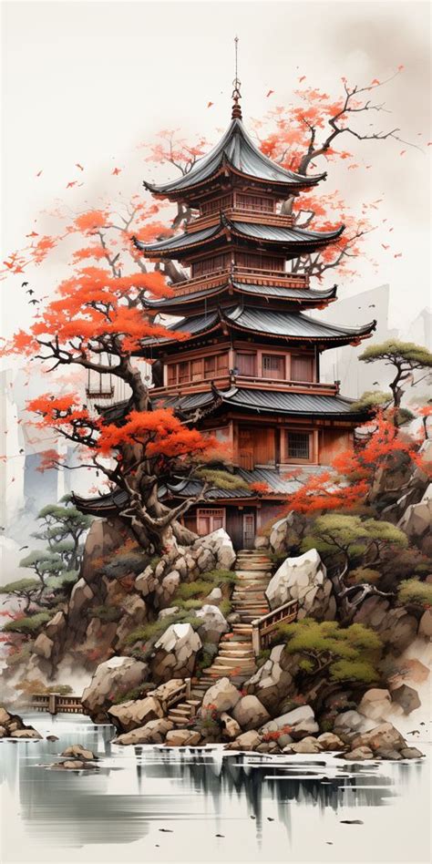 A Painting Of A Pagoda On Top Of A Hill With Trees In The Foreground